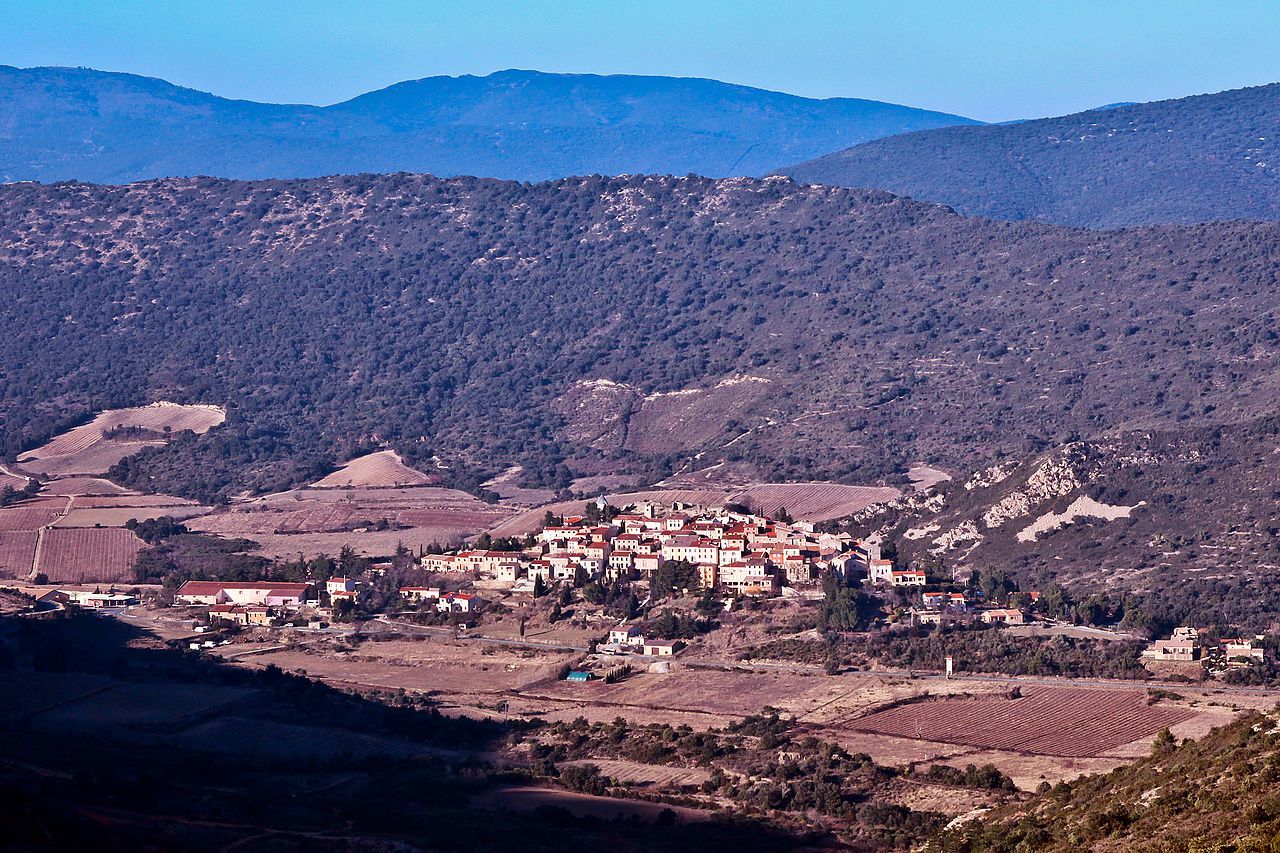 Le village de Cucugnan, entouré de vignes, dans les Corbières, département de l'Aude