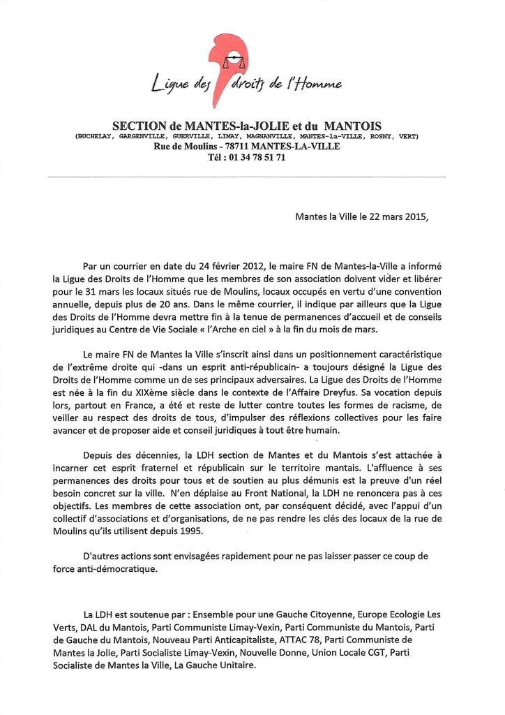 La mairie d'extrême droite de Mantes-la-Ville veut chasser la Ligue des droits de l'homme des préfabriqués tenant lieu de réunion et de locaux aux associations de la commune