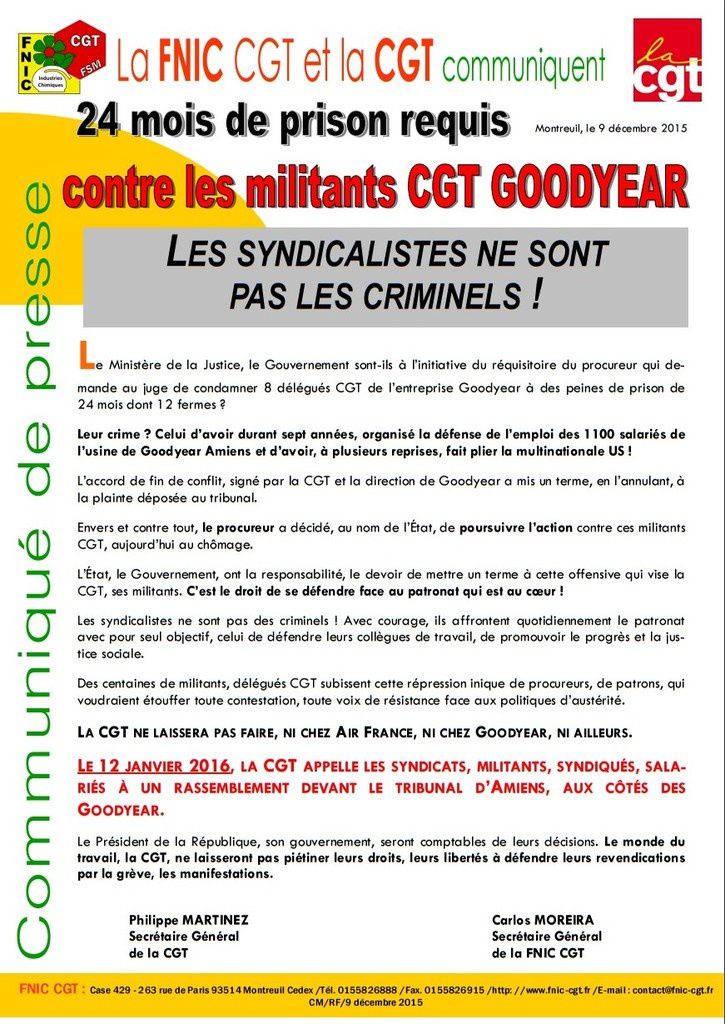 24 mois de prison requis contre les 8 militants CGT de GOODYEAR ! Rassemblement à Amiens (Somme) le 12 JANVIER 2016 