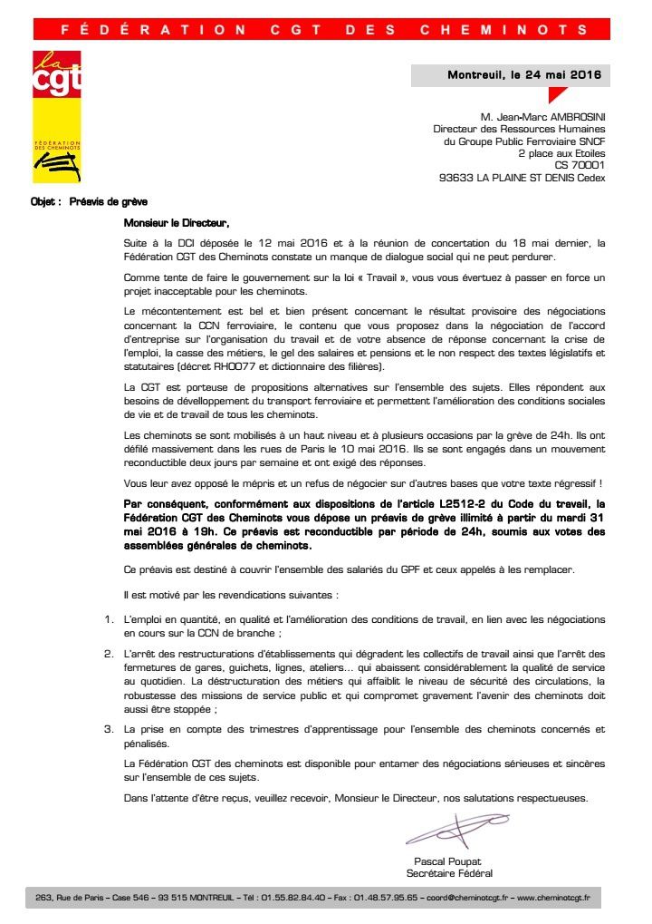 Cheminots: appel à la grève reconductible à partir du 31 mai 2016 à 19h