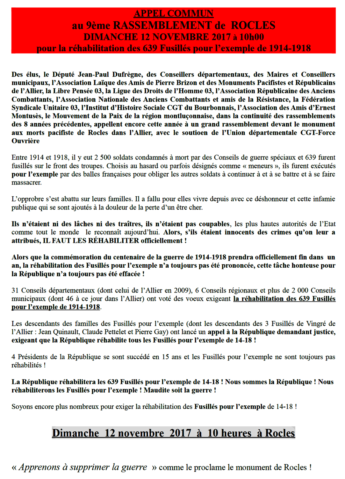 Fusillés pour l'exemple de la guerre 14-18 : Rassemblement ...