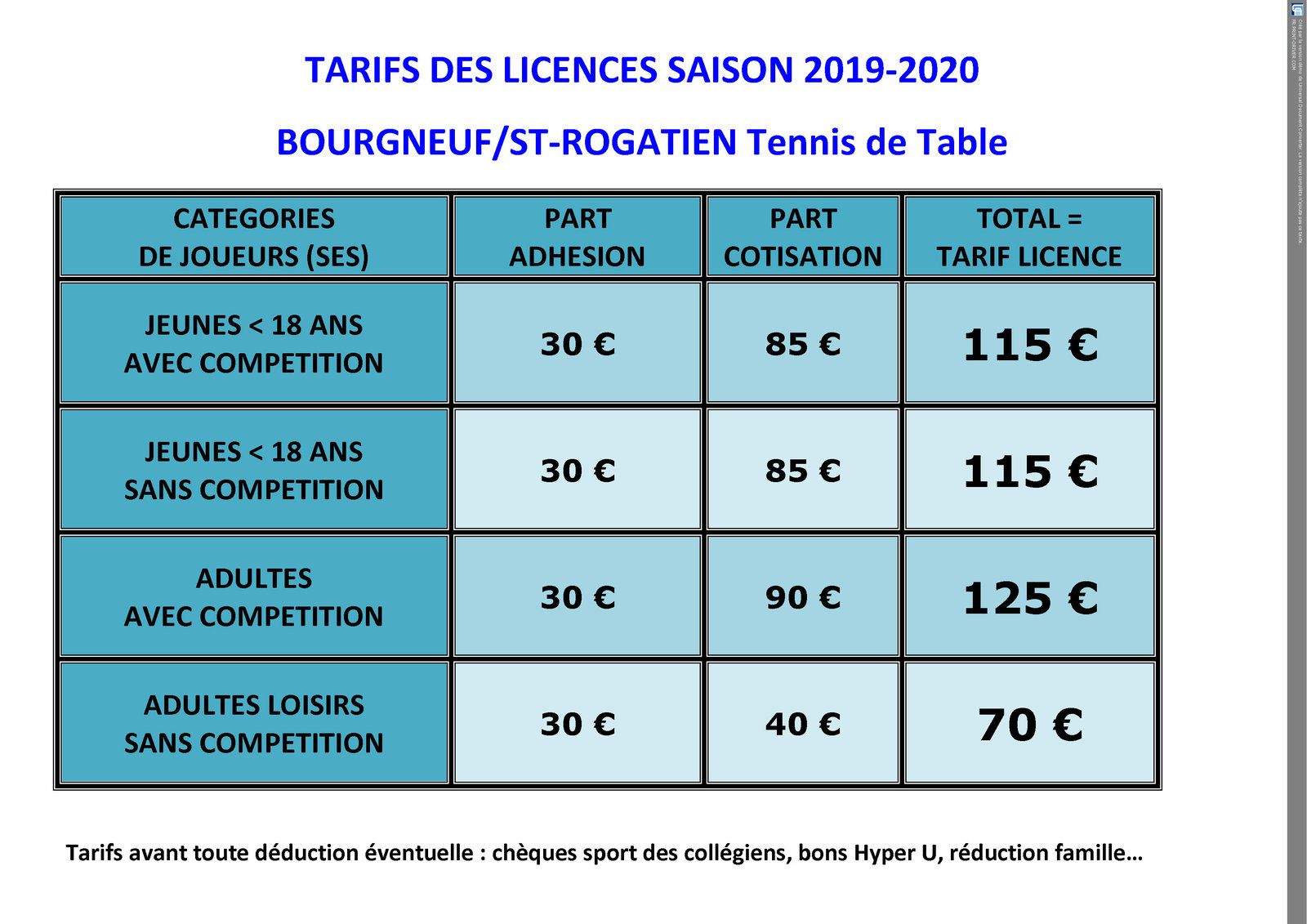 TARIF DES LICENCES SAISON 2020-2021 - BOURGNEUF/SAINT-ROGATIEN Tennis de  Table