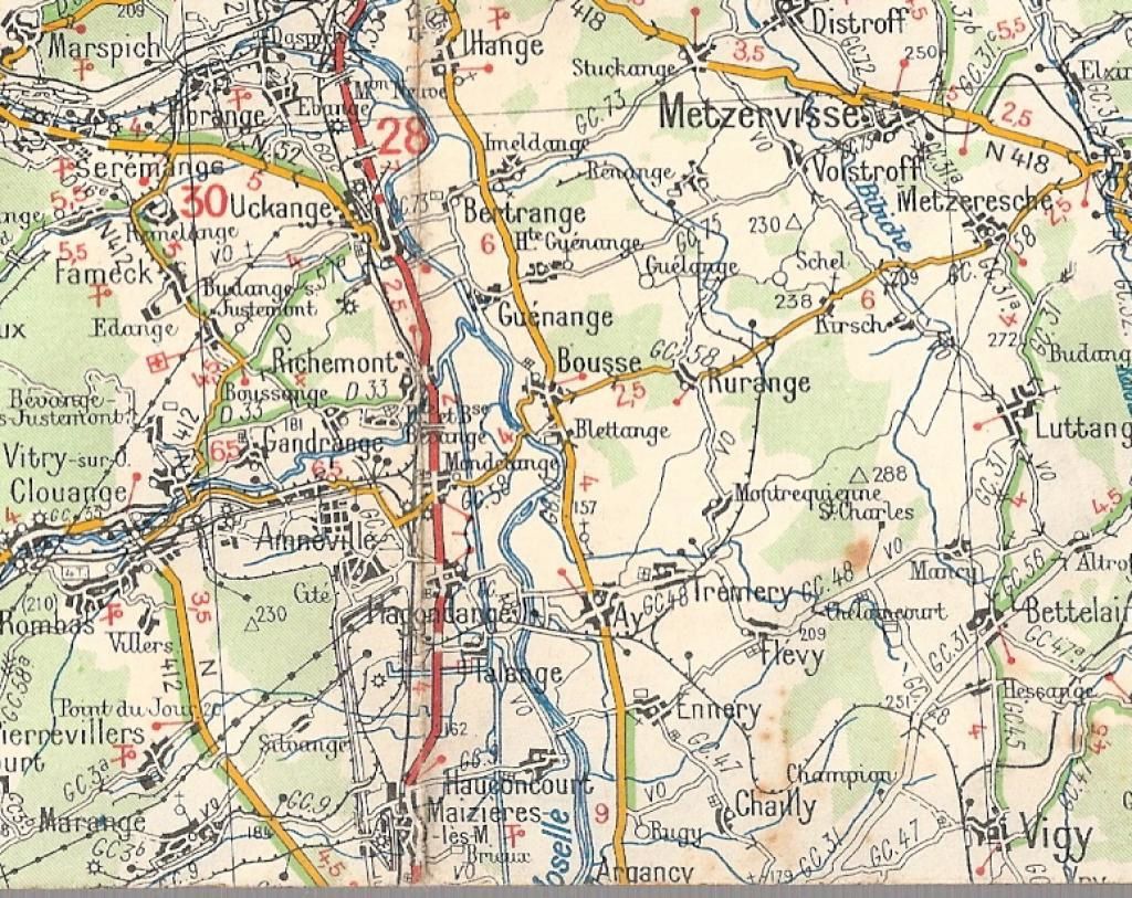 Une ancienne carte routière avec le tracé de la ligne de Vigy ... ainsi que la ligne Militaire vers Hagondange -Rurange -Rhénange  