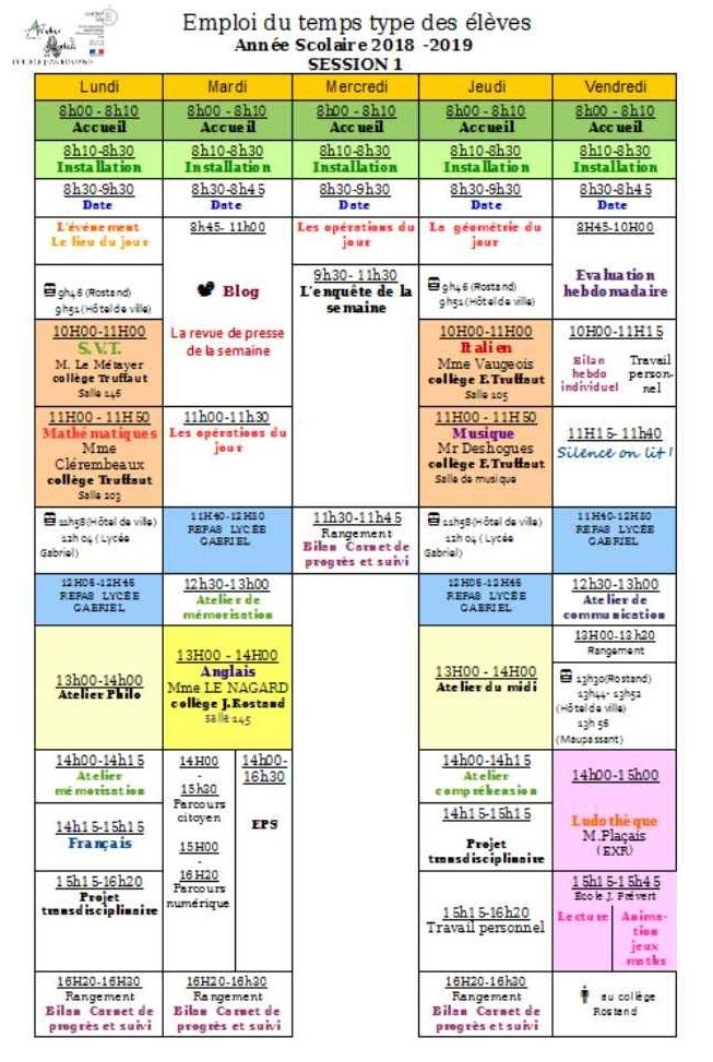 lemploi du temps 2018 2019 session 1 atelier relais argentan l emploi du temps