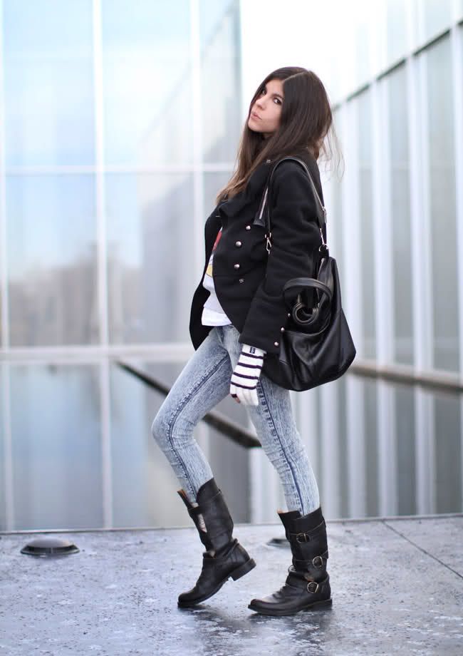 fingerless gloves, acid wash skinny jeans, bdg