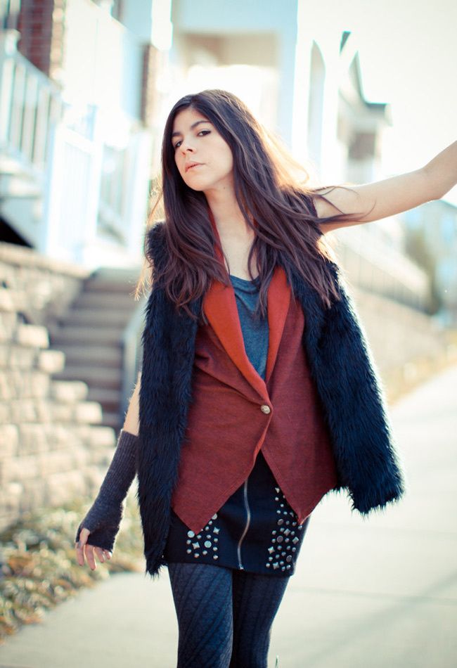 fashion, outfit, Gucci boots, Studded miniskirt, fur, h&m