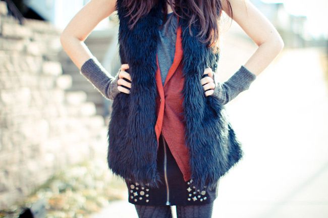 fashion, outfit, Gucci boots, Studded miniskirt, fur, h&m