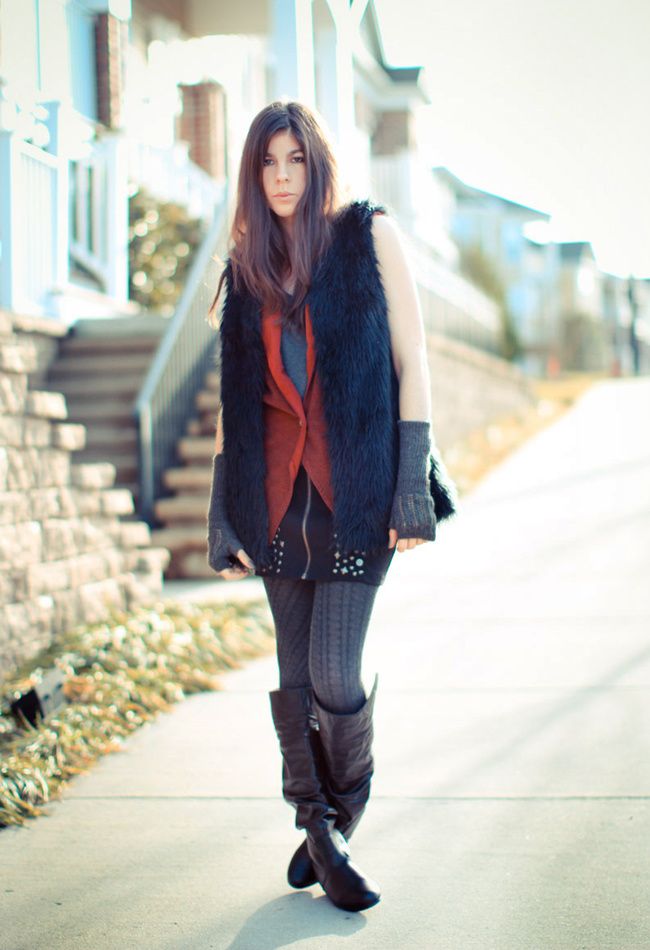 fashion, outfit, Gucci boots, Studded miniskirt, fur, h&m