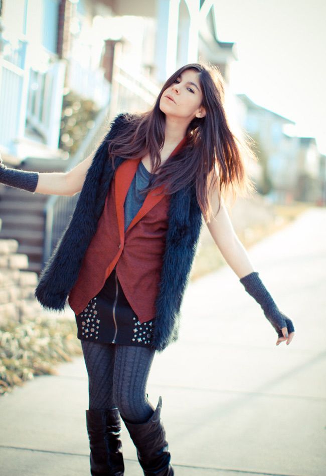 fashion, outfit, Gucci boots, Studded miniskirt, fur, h&m