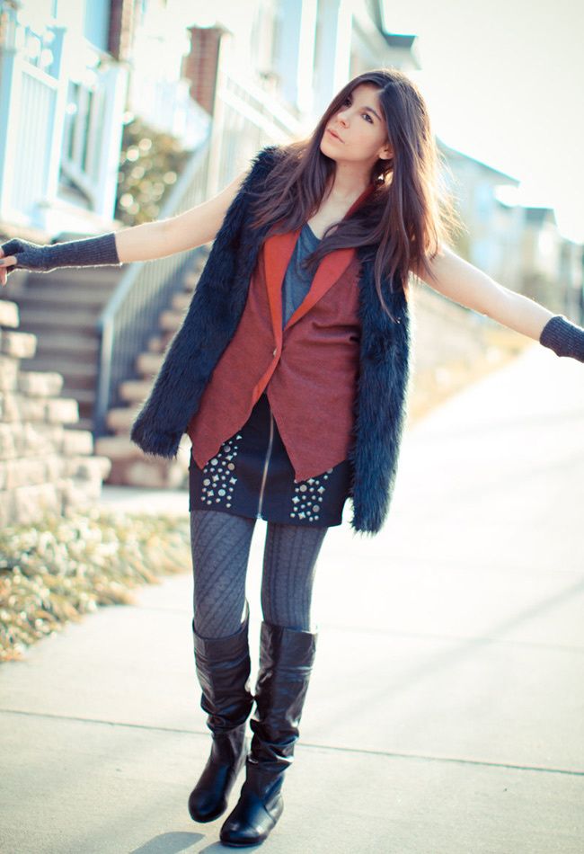 fashion, outfit, Gucci boots, Studded miniskirt, fur, h&m