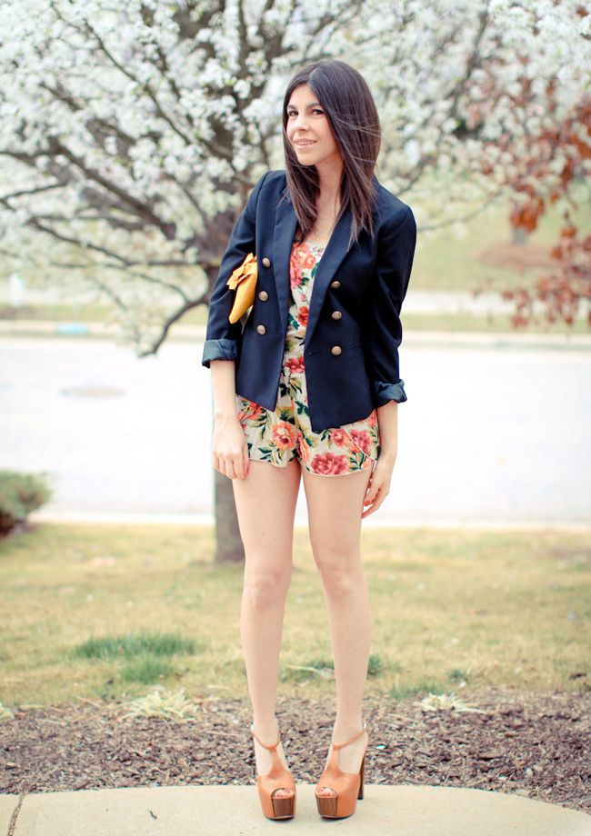 Kimchi Blue Romper, Urban Outfitters, H&M blazer, Jessica Simpson Dany platforms