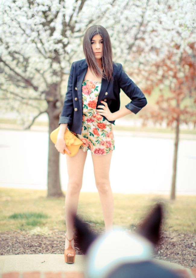 Kimchi Blue Romper, Urban Outfitters, H&M blazer, Jessica Simpson Dany platforms