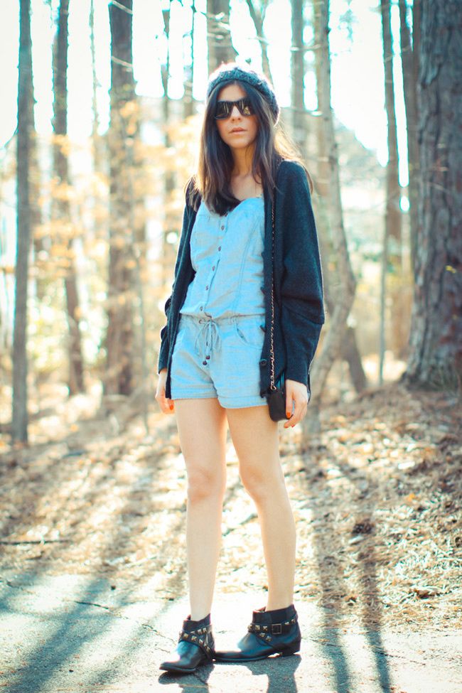 Asos, Forever 21, Chambray romper, studded ankle boots, Cowboy boots