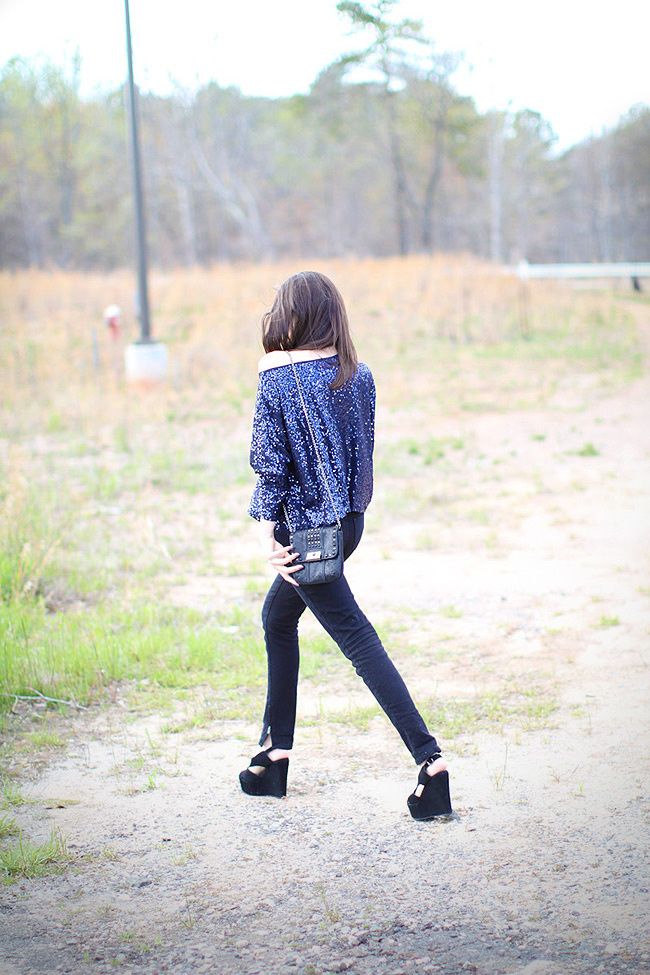 Sequins, Skinny jeans, Outfit, Fashion, Mariel Wedges Jeffrey Campbell, Coach handbag