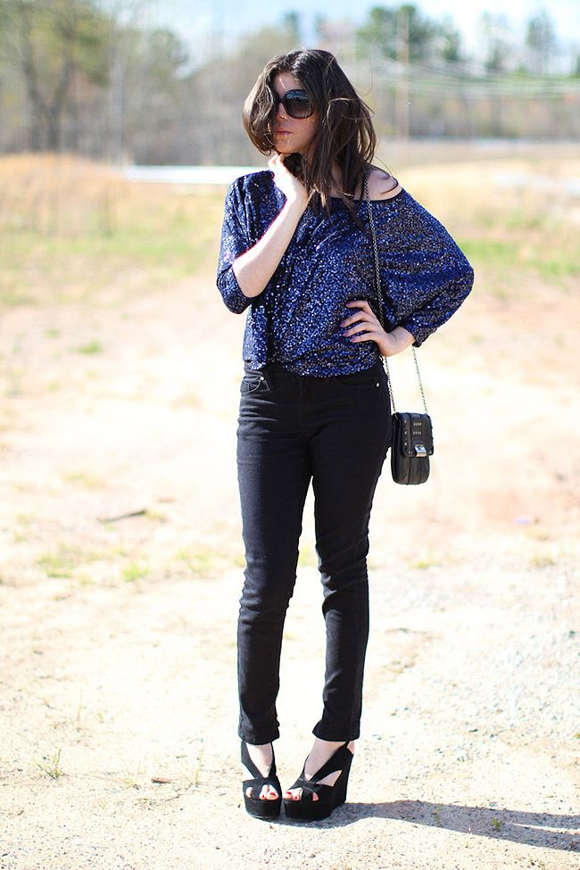 Sequins, Skinny jeans, Outfit, Fashion, Mariel Wedges Jeffrey Campbell, Coach handbag