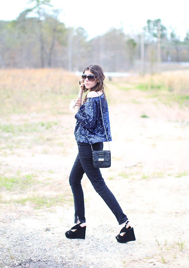 Sequins, Skinny jeans, Outfit, Fashion, Mariel Wedges Jeffrey Campbell, Coach handbag
