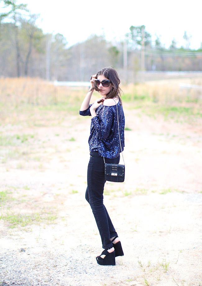 Sequins, Skinny jeans, Outfit, Fashion, Mariel Wedges Jeffrey Campbell, Coach handbag