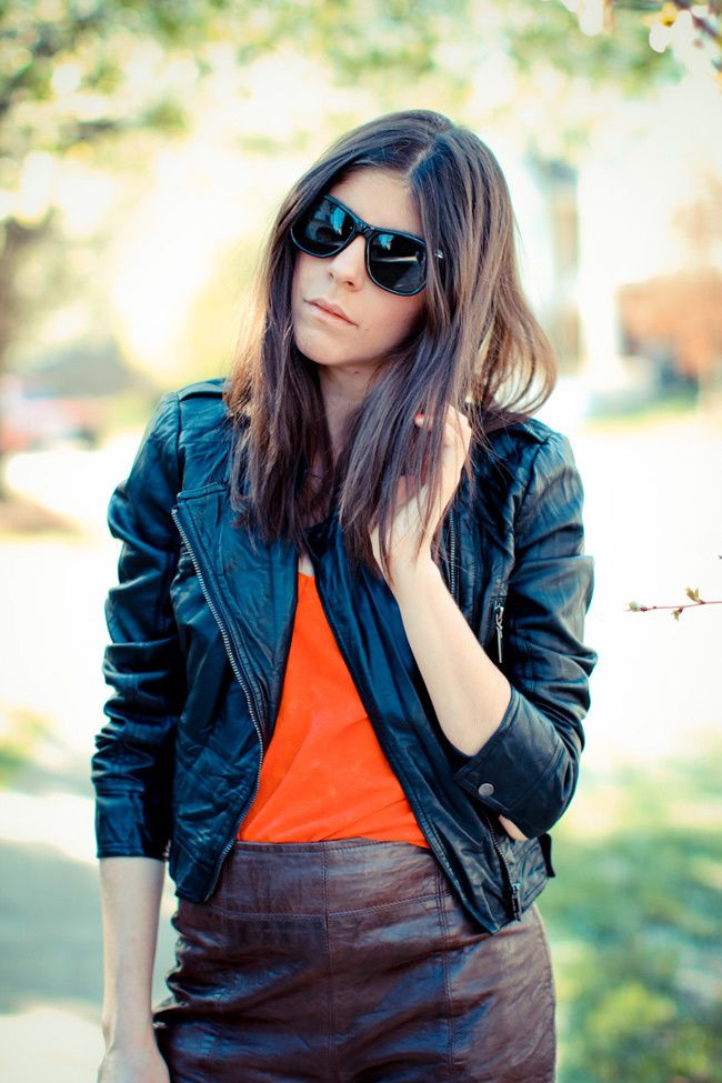 Abercrombie and Fitch Leather shorts, Bebe Leather Jacket, American Apparel Burn Out T-Shirt, Balenciaga shoes