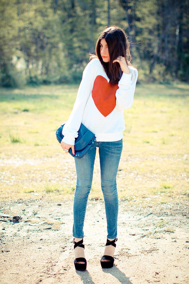 Wildfox Couture Sparkle Heart Jumper, James Jeans Twiggy Karma, Dolce and Gabbana suede platform wedges, House of Harlow rose gold ring, Yves Saint Laurent Arty Oval ring, Fashion Outfit