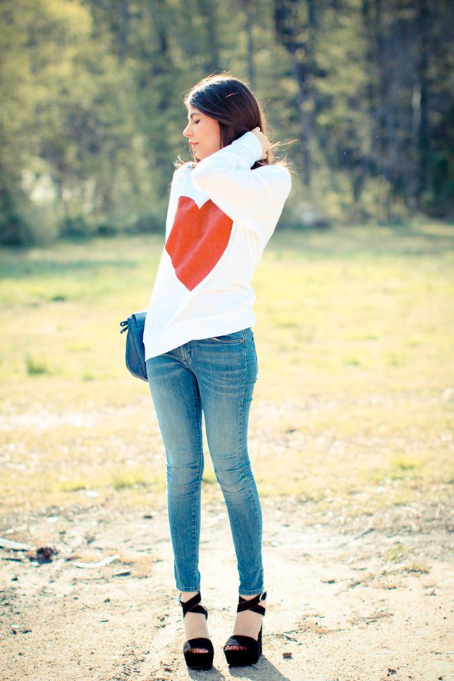 Wildfox Couture Sparkle Heart Jumper, James Jeans Twiggy Karma, Dolce and Gabbana suede platform wedges, House of Harlow rose gold ring, Yves Saint Laurent Arty Oval ring, Fashion Outfit
