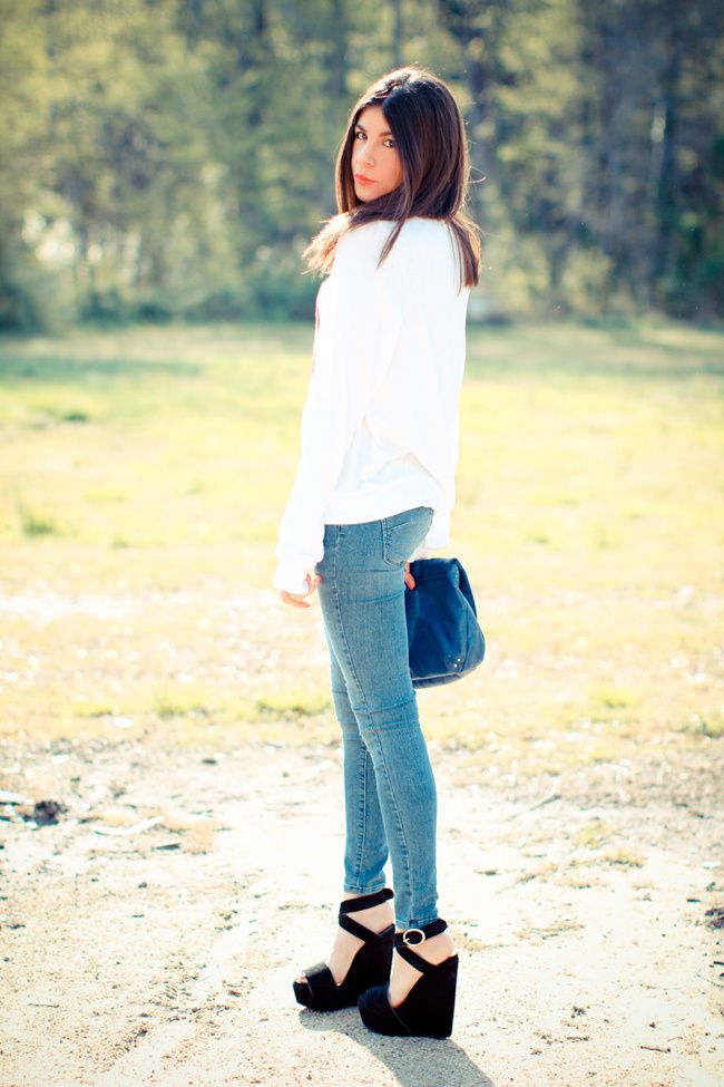 Wildfox Couture Sparkle Heart Jumper, James Jeans Twiggy Karma, Dolce and Gabbana suede platform wedges, House of Harlow rose gold ring, Yves Saint Laurent Arty Oval ring, Fashion Outfit