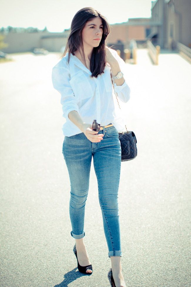 Sam Edelman Spiked Heels, Asos White Button Up, Skinny Jeans, Chanel bag