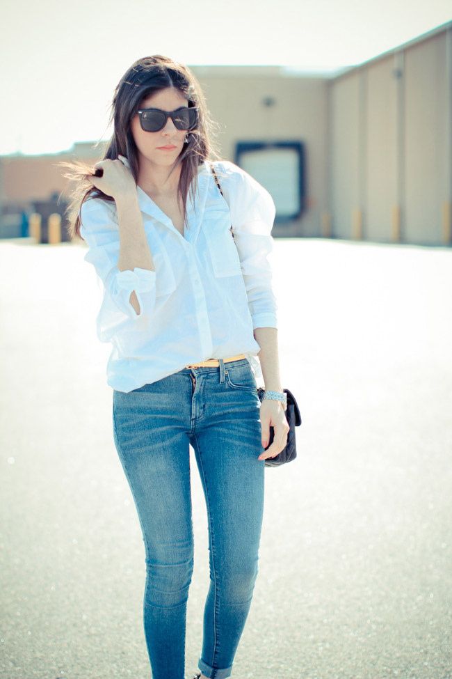Sam Edelman Spiked Heels, Asos White Button Up, Skinny Jeans, Chanel bag