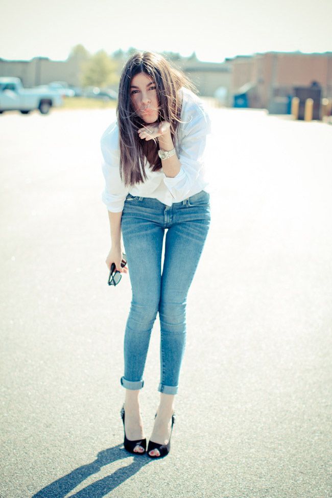 Sam Edelman Spiked Heels, Asos White Button Up, Skinny Jeans, Chanel bag