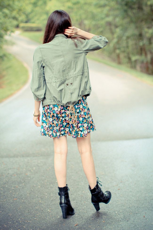 French Connection Floral Print Dress, Guess Combat boots, Marc Jacobs Gold Watch, Utility Jacket