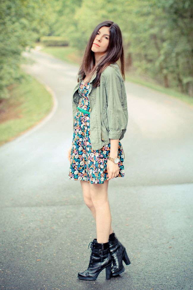 French Connection Floral Print Dress, Guess Combat boots, Utility Jacket