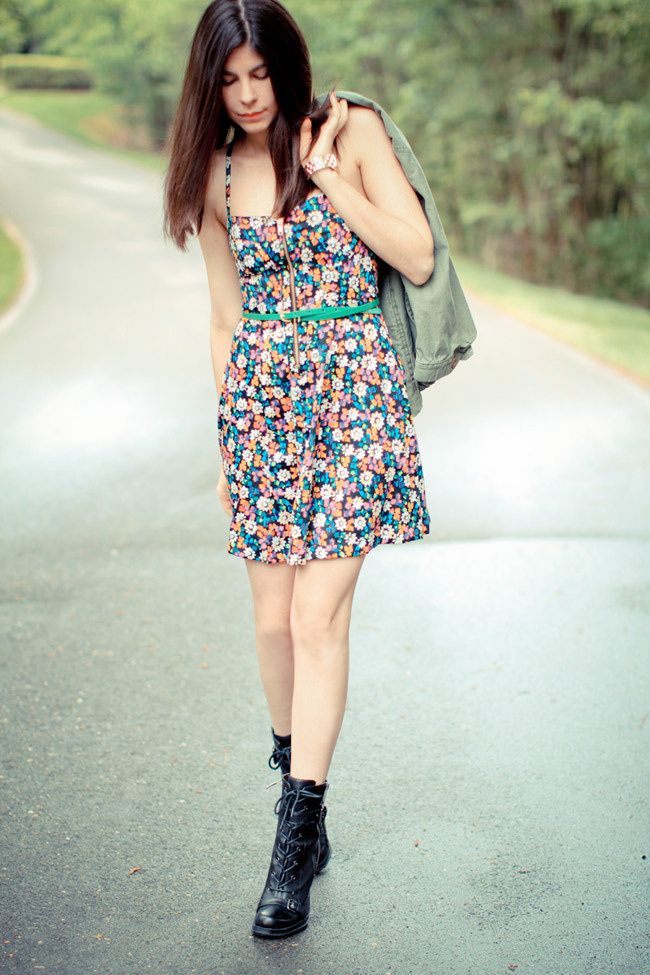 French Connection Floral Print Dress, Guess Combat boots, Marc Jacobs Gold Watch, Utility Jacket