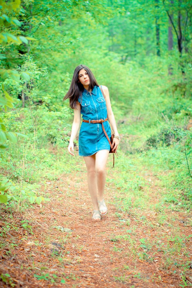 Gap denim dress, Asos leather boyfriend belt, Rebecca Minkoff bag, Diba sandals, Fashion Outfit