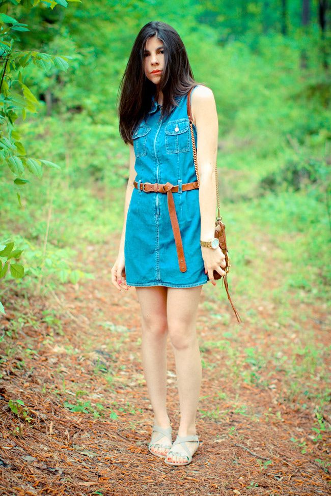 Gap denim dress, Asos leather boyfriend belt, Rebecca Minkoff bag, Diba sandals, Fashion Outfit