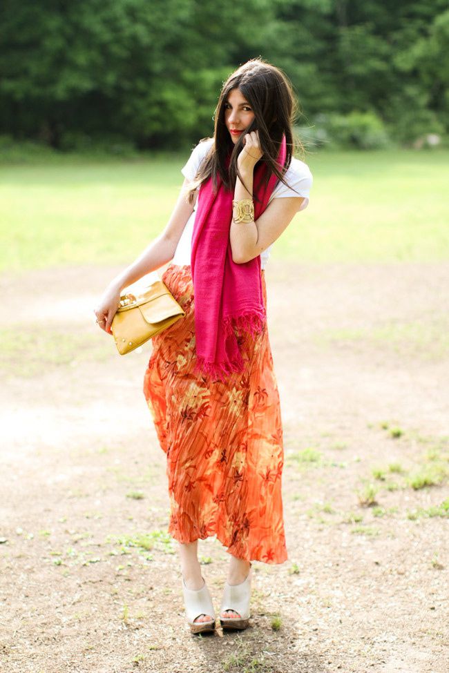 Vintage Maxi Skirt, Aldo nude heels, Loft gold cuff, Asos yellow clutch, Hot Pink Cashmere Scarf