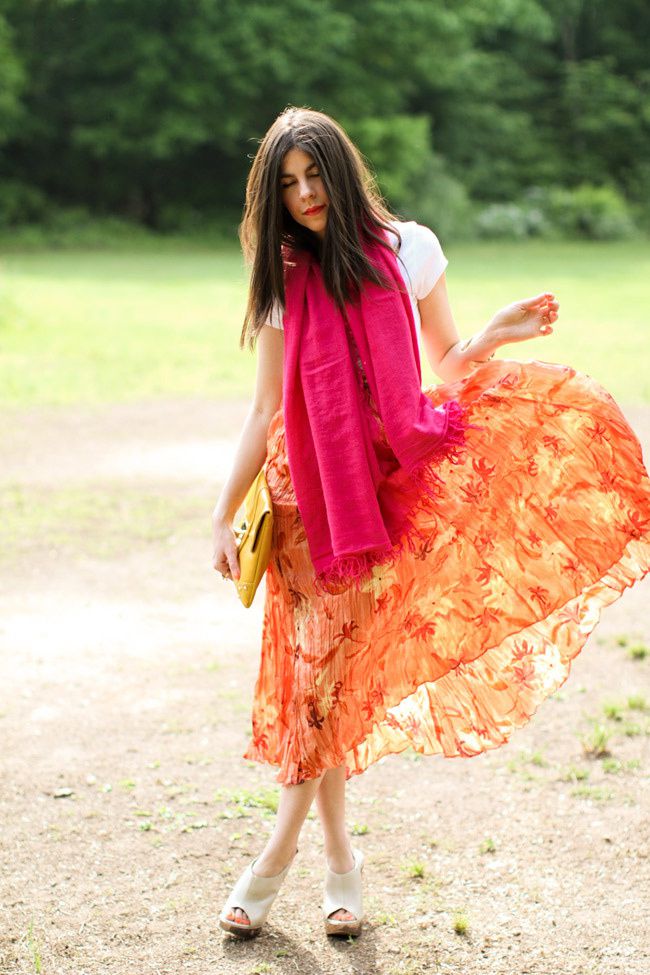 Vintage Maxi Skirt, Aldo nude heels, Loft gold cuff, Asos yellow clutch, Hot Pink Cashmere Scarf