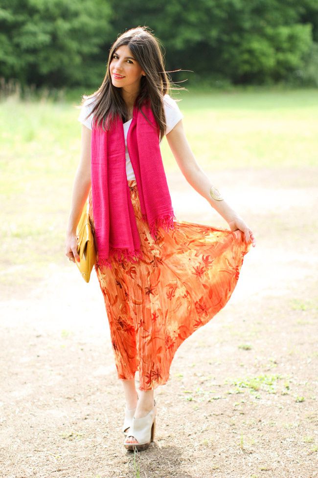 Vintage Maxi Skirt, Aldo nude heels, Loft gold cuff, Asos yellow clutch, Hot Pink Cashmere Scarf