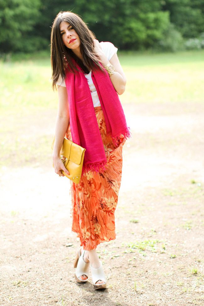 Vintage Maxi Skirt, Aldo nude heels, Loft gold cuff, Asos yellow clutch, Hot Pink Cashmere Scarf