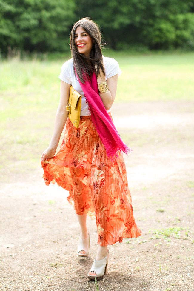 Vintage Maxi Skirt, Aldo nude heels, Loft gold cuff, Asos yellow clutch, Hot Pink Cashmere Scarf