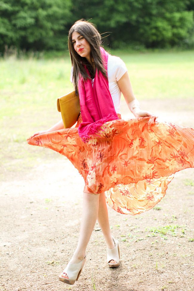 Vintage Maxi Skirt, Aldo nude heels, Loft gold cuff, Asos yellow clutch, Hot Pink Cashmere Scarf