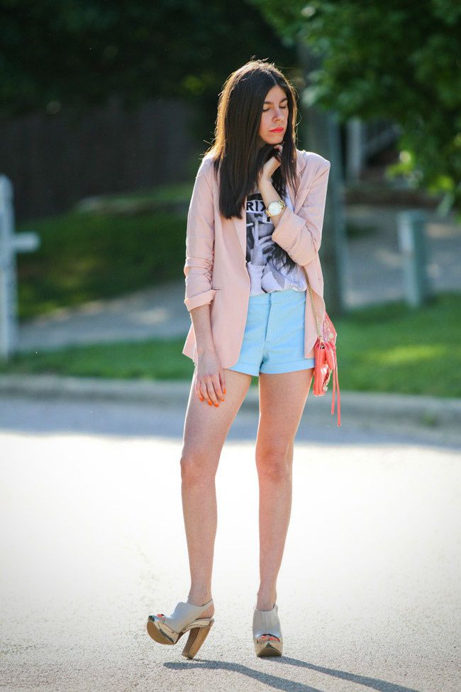 Pink blazer, hot pants, Aldo heels, Balenciaga bag, Fashion outfit, Marc Jacobs gold watch, Essie nail polish, Brixton