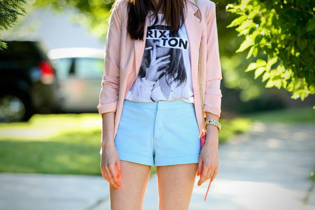Pink blazer, hot pants, Aldo heels, Balenciaga bag, Fashion outfit, Marc Jacobs gold watch, Essie nail polish, Brixton