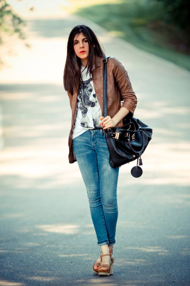 Brashy Couture T-Shirt, Burning Torch Brown Leather Jacket, James Jean Twiggy Karma Skinny Jeans, Socialite bag, Wanted espadrille wedges