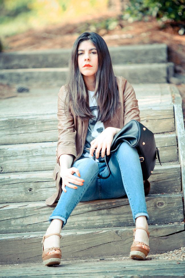 Brashy Couture T-Shirt, Burning Torch Brown Leather Jacket, James Jean Twiggy Karma Skinny Jeans, Socialite bag, Wanted espadrille wedges