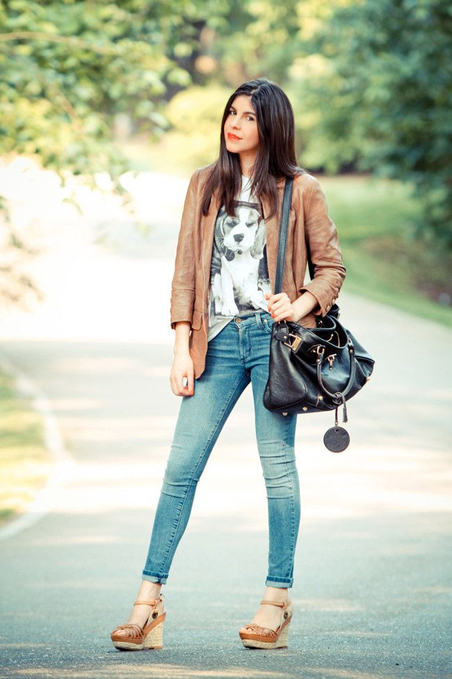 Brashy Couture T-Shirt, Burning Torch Brown Leather Jacket, James Jean Twiggy Karma Skinny Jeans, Socialite bag, Wanted espadrille wedges