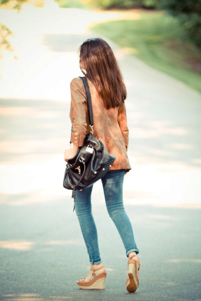 Brashy Couture T-Shirt, Burning Torch Brown Leather Jacket, James Jean Twiggy Karma Skinny Jeans, Socialite bag, Wanted espadrille wedges