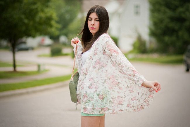Floral Print Lace Jacket, Mint Green Shorts, Fashion Outfit, Espadrille wedge sandals, Rebecca Minkoff Green Bag