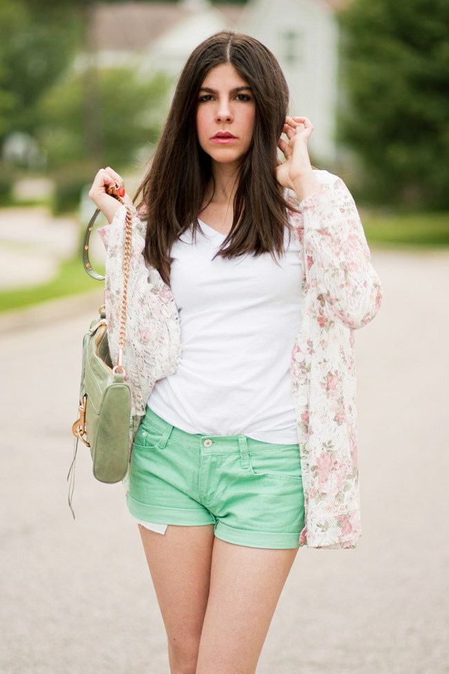 Floral Print Lace Jacket, Mint Green Shorts, Fashion Outfit, Espadrille wedge sandals, Rebecca Minkoff Green Bag