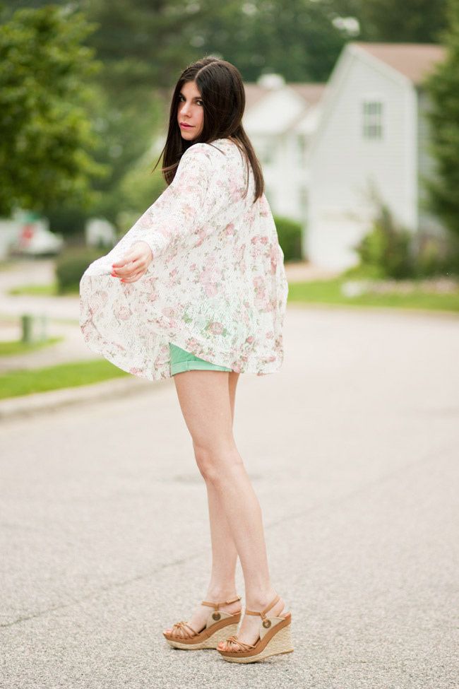 Floral Print Lace Jacket, Mint Green Shorts, Fashion Outfit, Espadrille wedge sandals, Rebecca Minkoff Green Bag