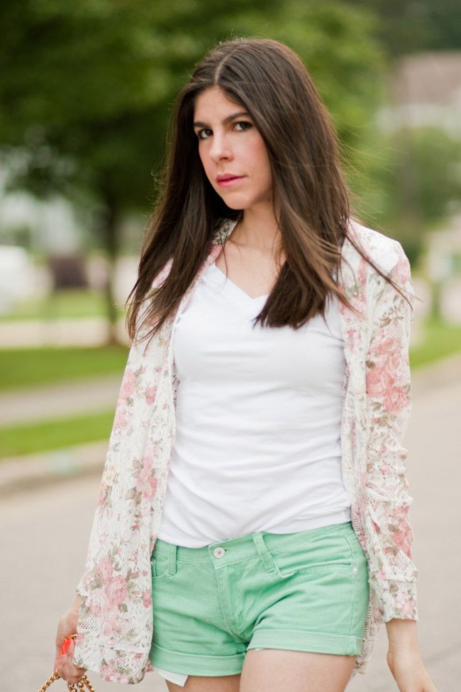 Floral Print Lace Jacket, Mint Green Shorts, Fashion Outfit, Espadrille wedge sandals, Rebecca Minkoff Green Bag