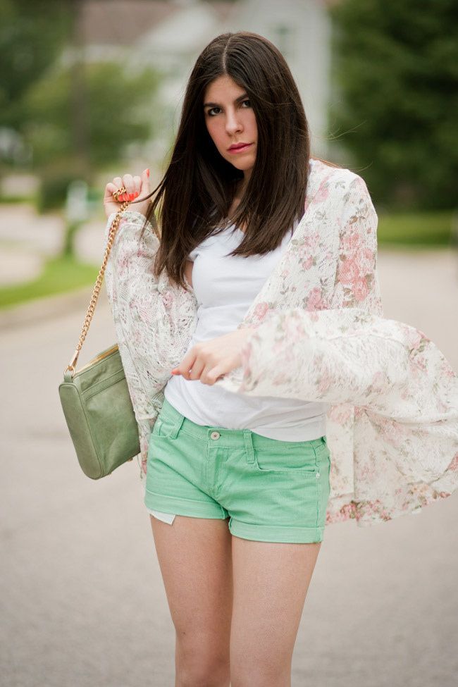 Floral Print Lace Jacket, Mint Green Shorts, Fashion Outfit, Espadrille wedge sandals, Rebecca Minkoff Green Bag